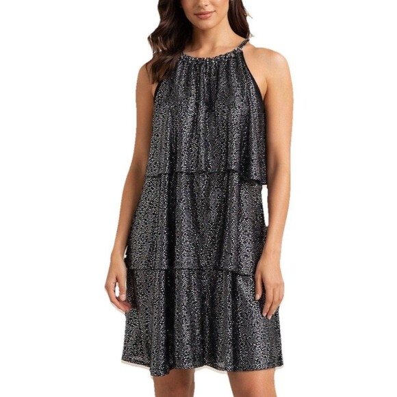 Caramela Dresses & Skirts - Caramela Black Silver Tiered Halter Dress Womens M Party Cocktail